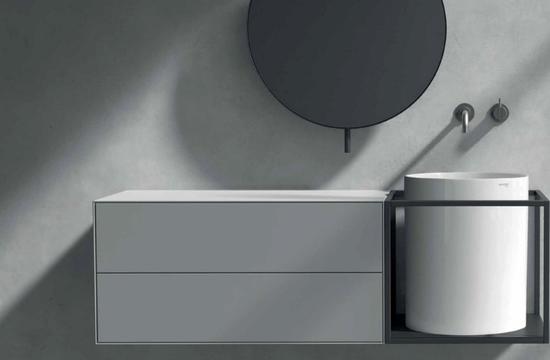 CORE 46 Lavabo da appoggio cm Ø37 + Struttura sottolavabo cm 46 x 46 in acciaio nero opaco - Bagno Italiano