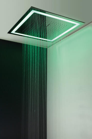 K4102 Soffione ad incasso quadro400x4000 getto pioggia + cascata + cornice LED perimetrale in acciaio inox finitura super mirror completo di telecomando - Bagno Italiano