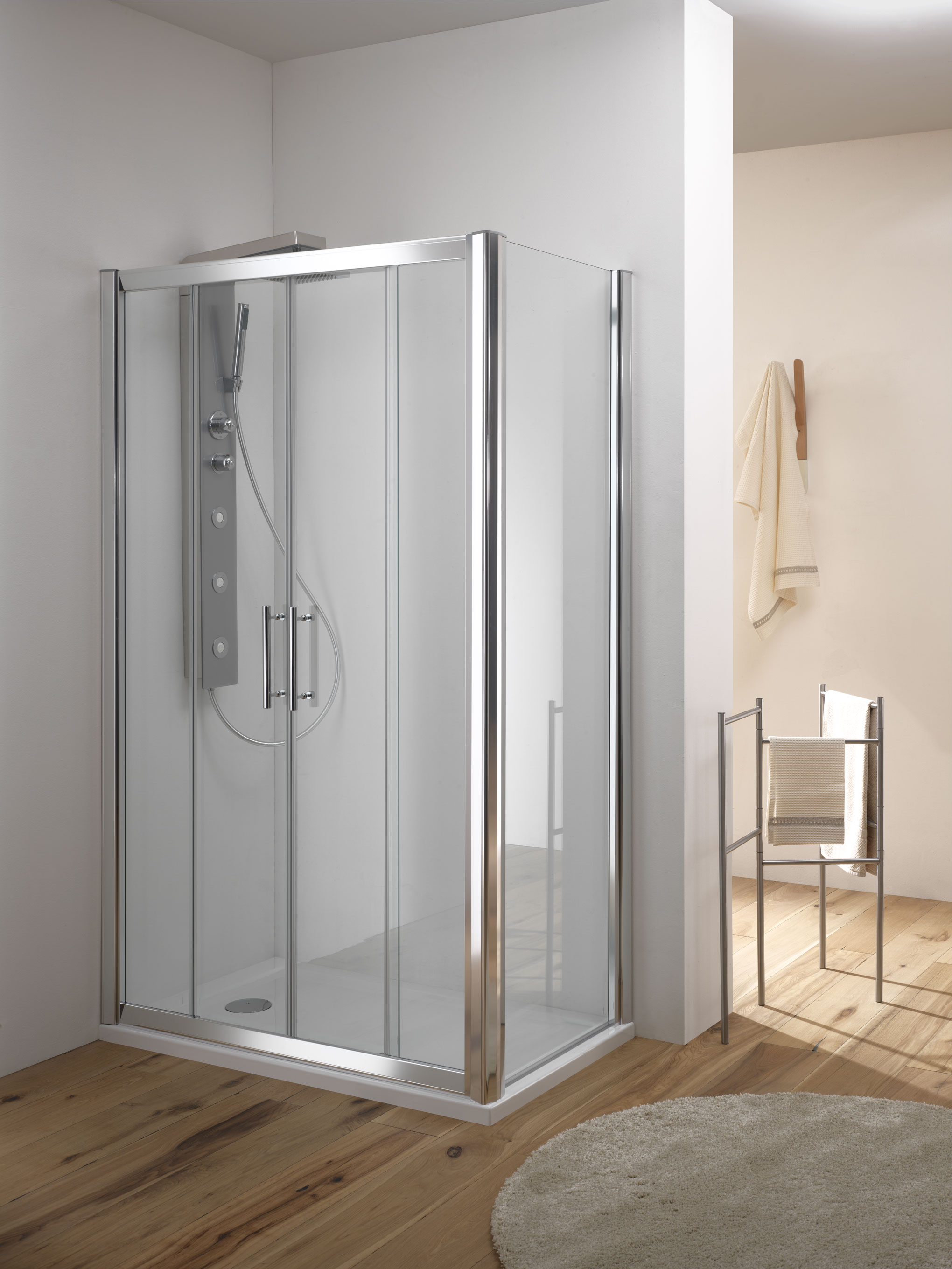 KAMA DOOR Porta 2 ante scorrevoli + 2 ante fisse finitura argento satinato 120 cm trasparente (misura 115/120 h.195) - Bagno Italiano