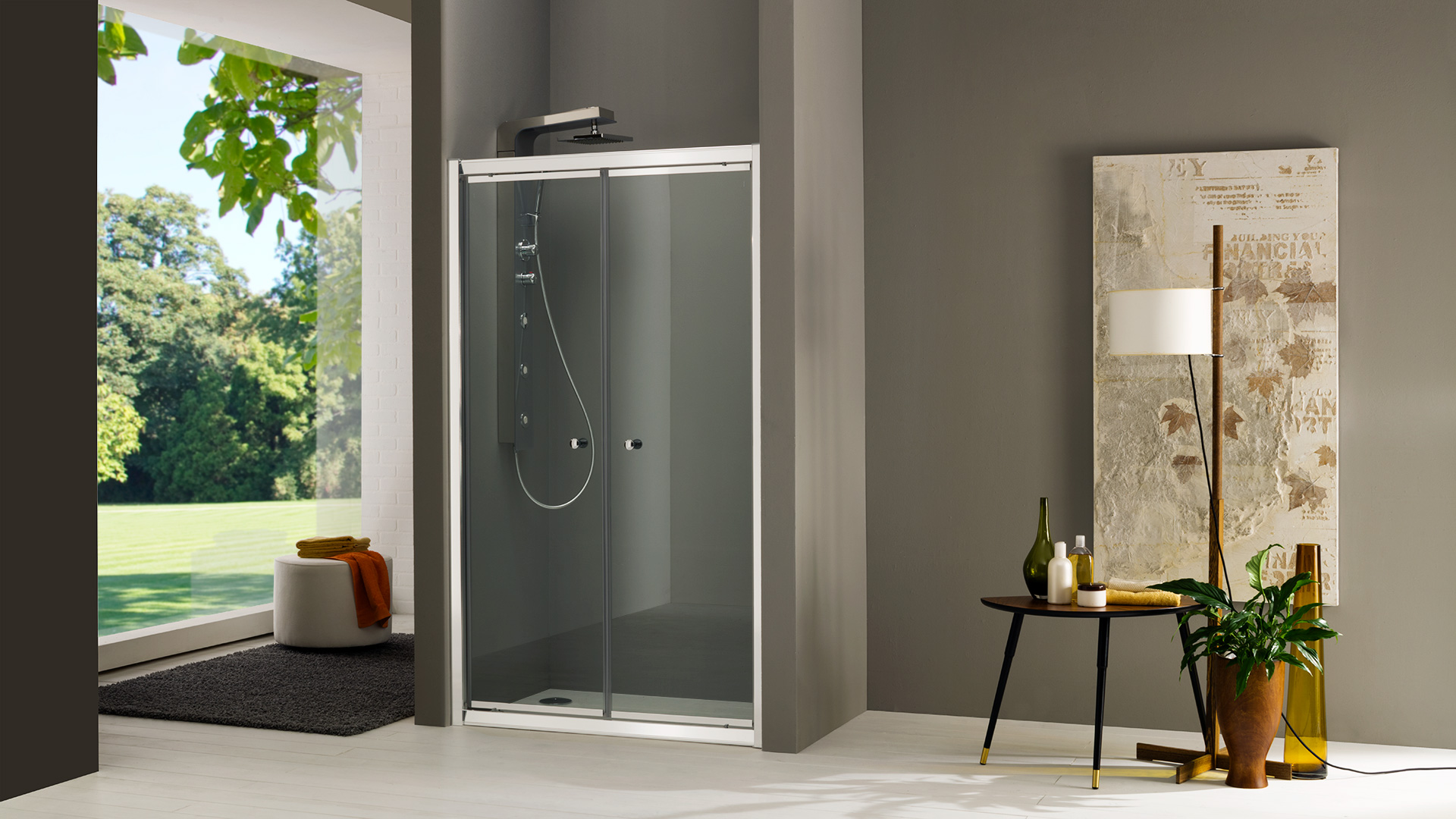 FLY porta a 2 ante battenti finitura argento satinato 120 cm trasparente (misura 115/120 h.195) - Bagno Italiano