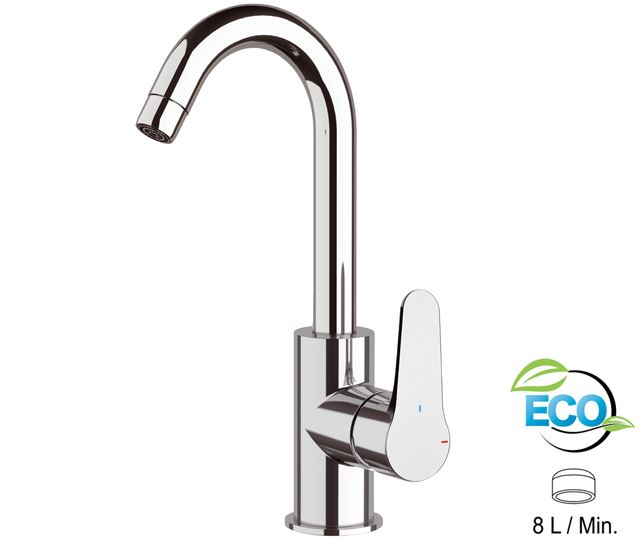 OMEGA ECO Miscelatore lavello monoforo 90° con canna alta girevole, modello corto - Bagno Italiano