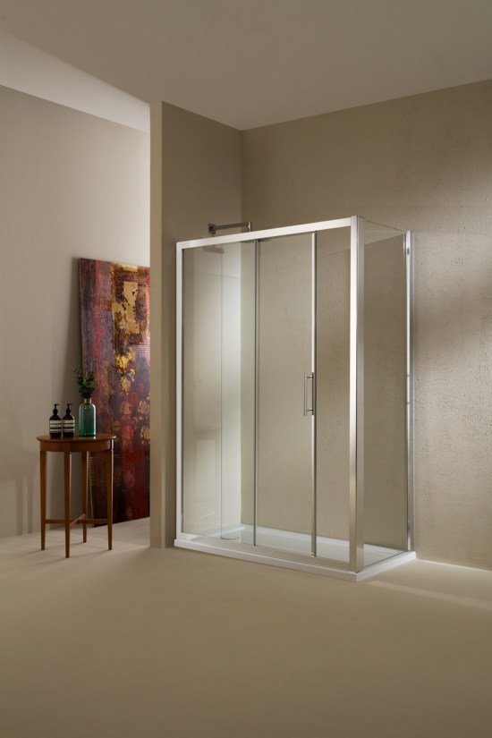 PLANAS Porta 1 anta scorrevole + 1 anta fissa finitura argento satinato 119 cm trasparente (misura 115/119 h.195) - Bagno Italiano