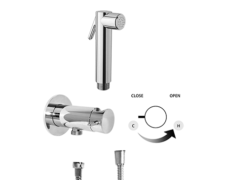 750M Miscelatore minimal tondo, con presa acqua, supporto doccia con chiusura di sicurezza in ottone e doccetta tonda in ottone per bidet finitura cromo  - Bagno Italiano