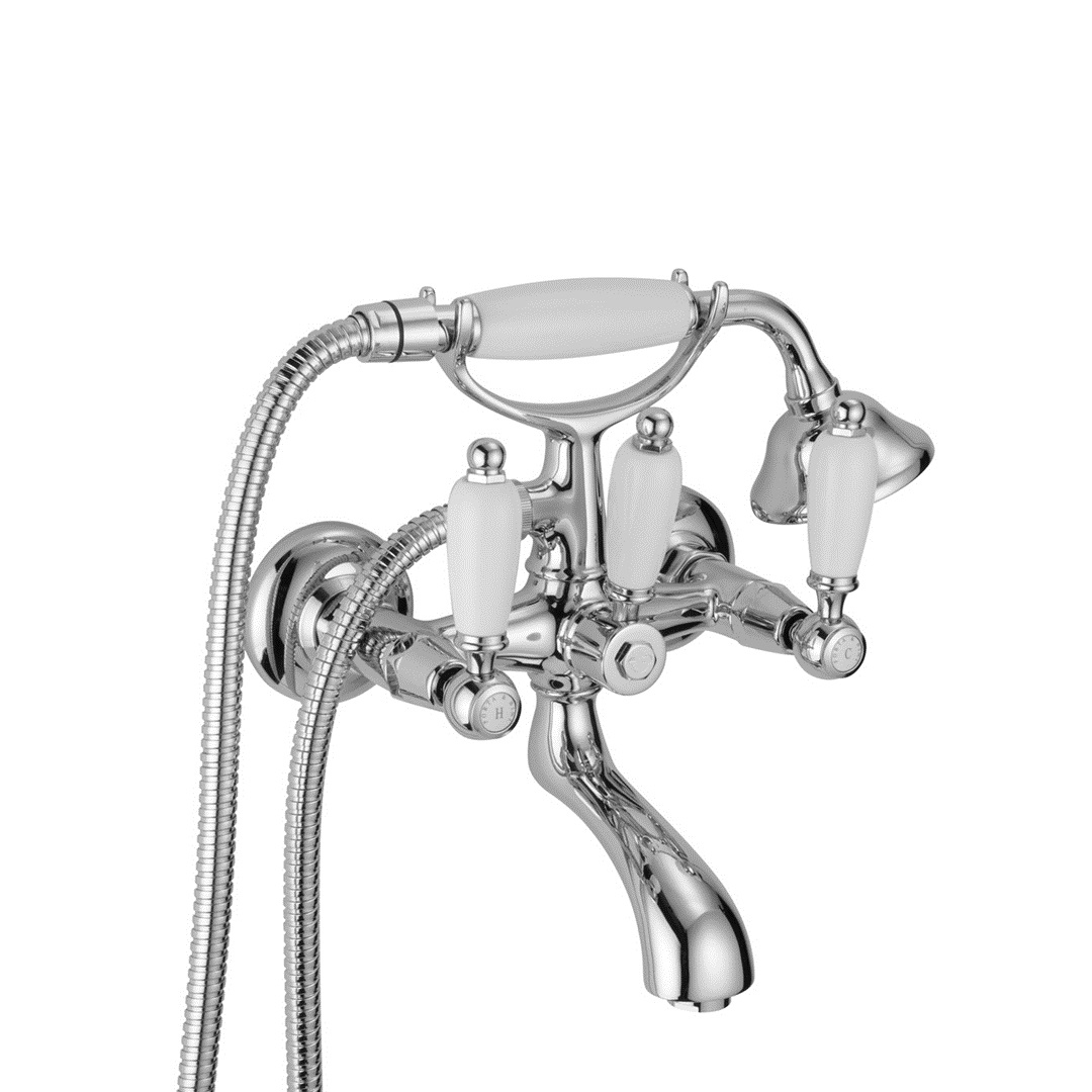 QUEEN Gruppo vasca esterno modello medio con kit doccia finitura cromo - manopola resina bianca - Bagno Italiano